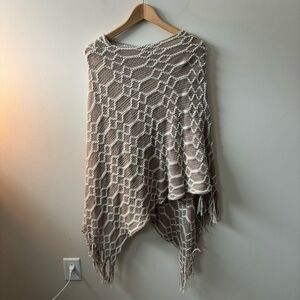 Beige and Cream Open-Knit Poncho Sweater